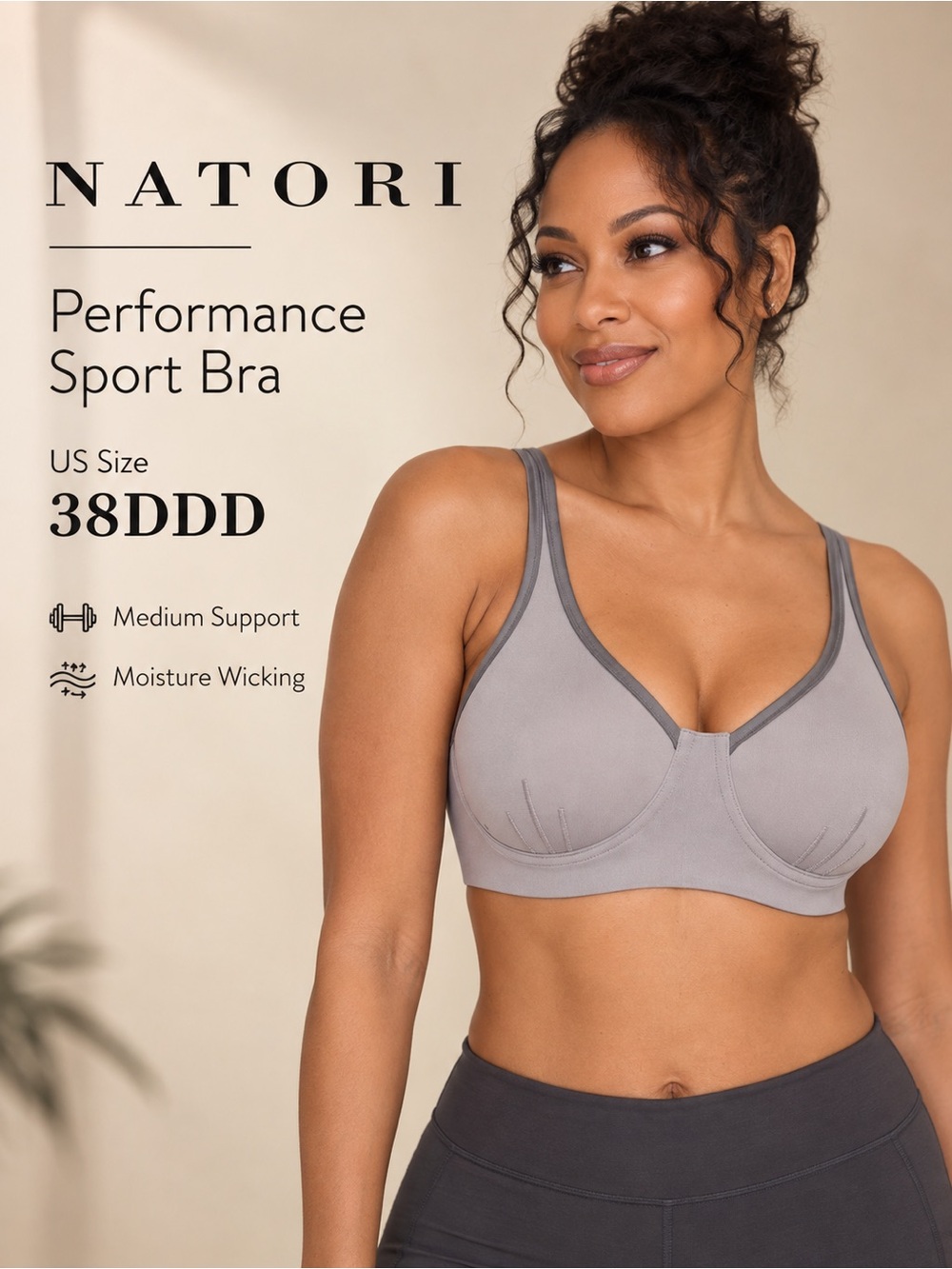 Natori Performance Sport Underwire Bra Silver Grey 38DDD NWT